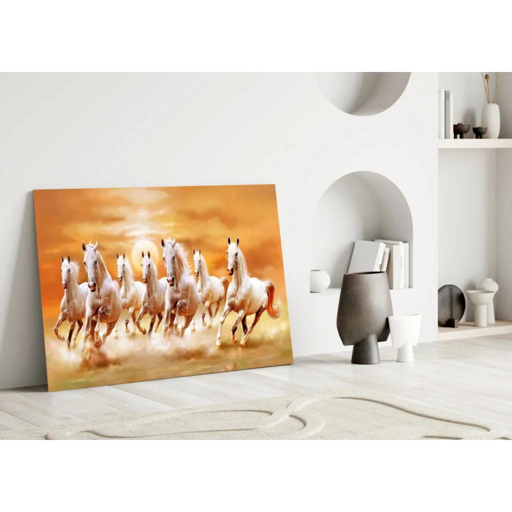 Seven White Horses Galloping Sunset Canvas Wall Art