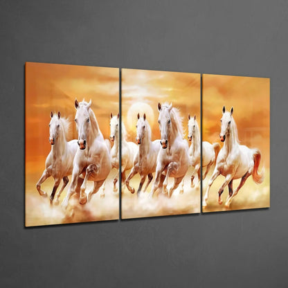 Vibrant seven white horses galloping sunset triptych wall art