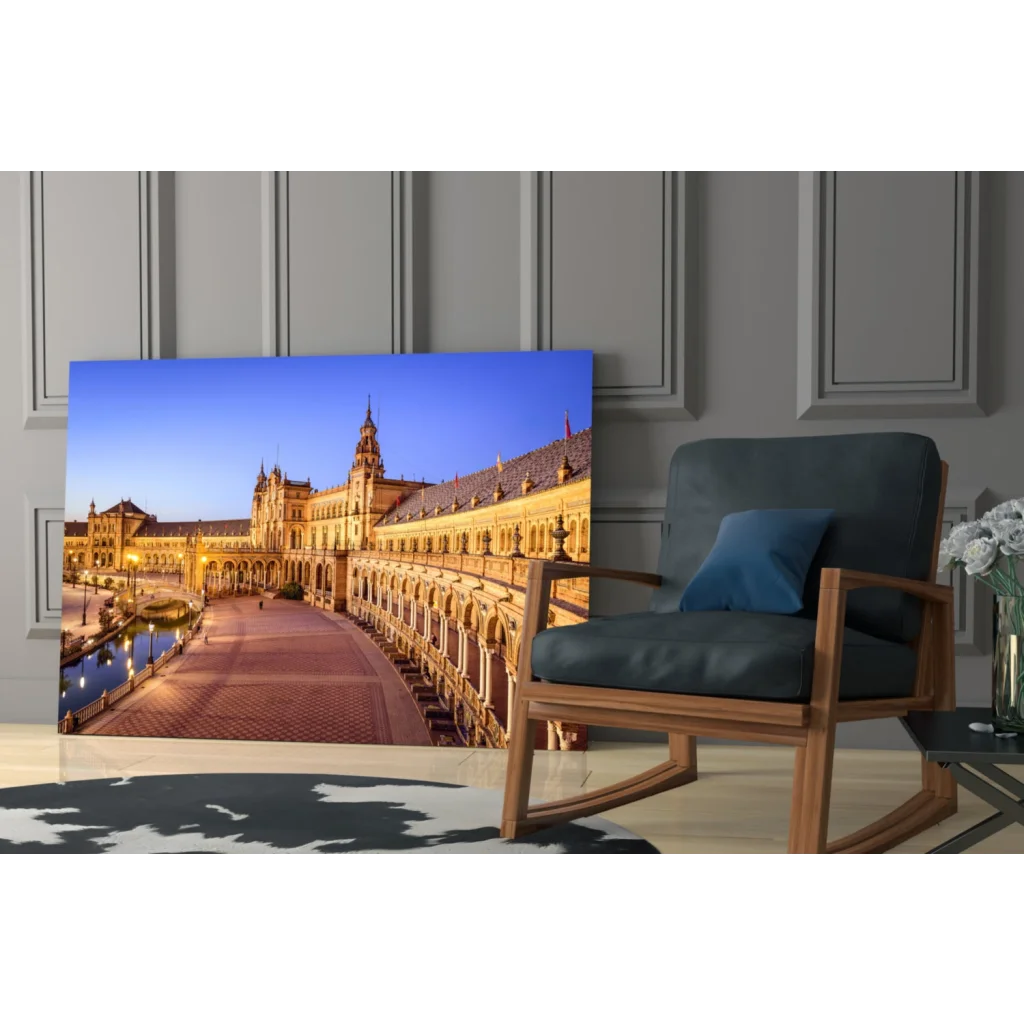 Illuminated Plaza de España Seville glass wall art at twilight