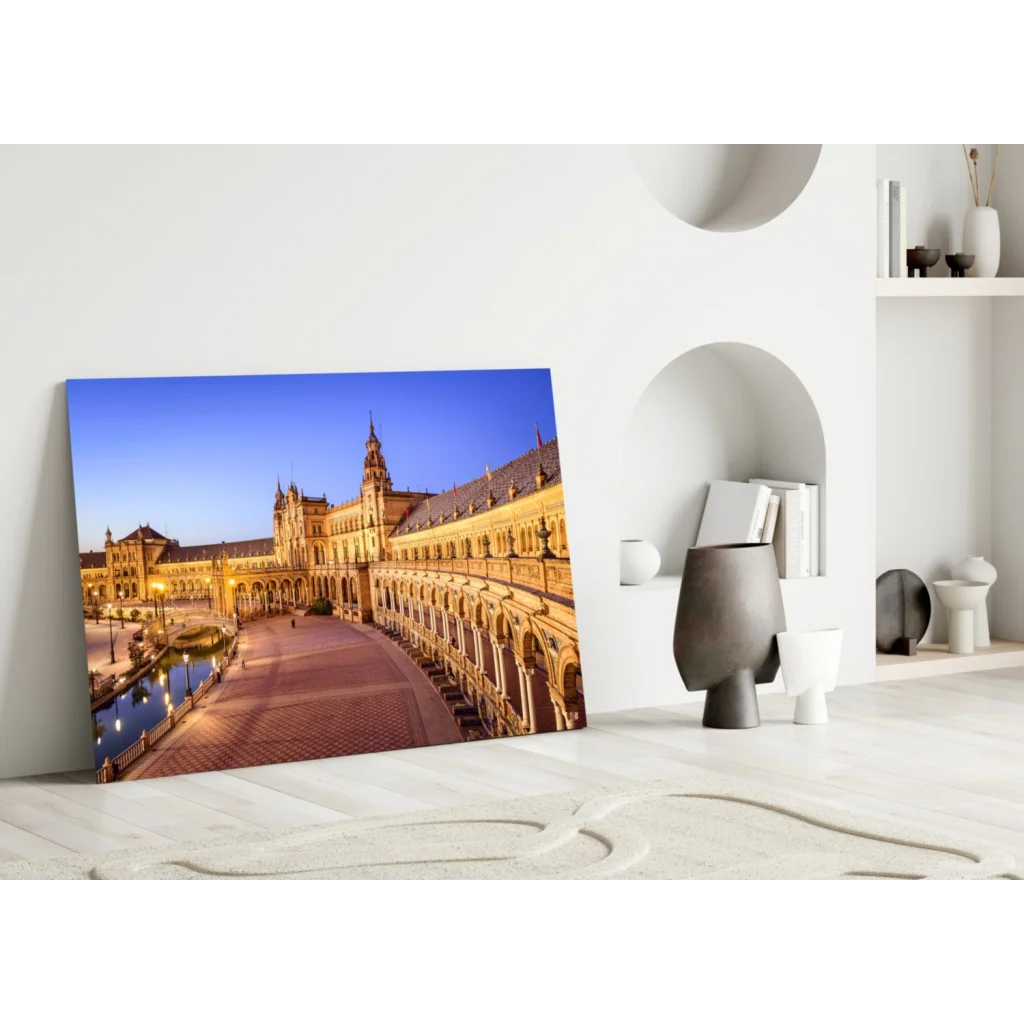 Illuminated Plaza de España Seville glass wall art at twilight