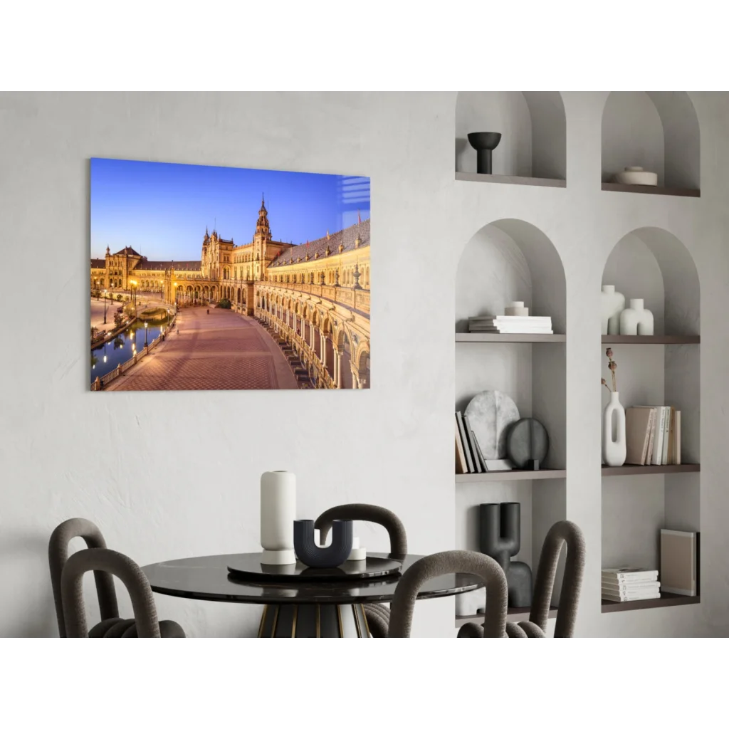 Stunning Plaza de España Seville glass wall art at twilight