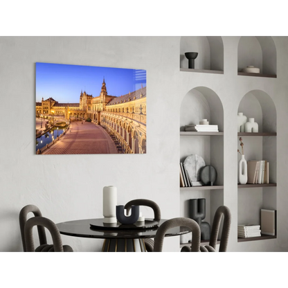 Stunning Plaza de España Seville glass wall art at twilight