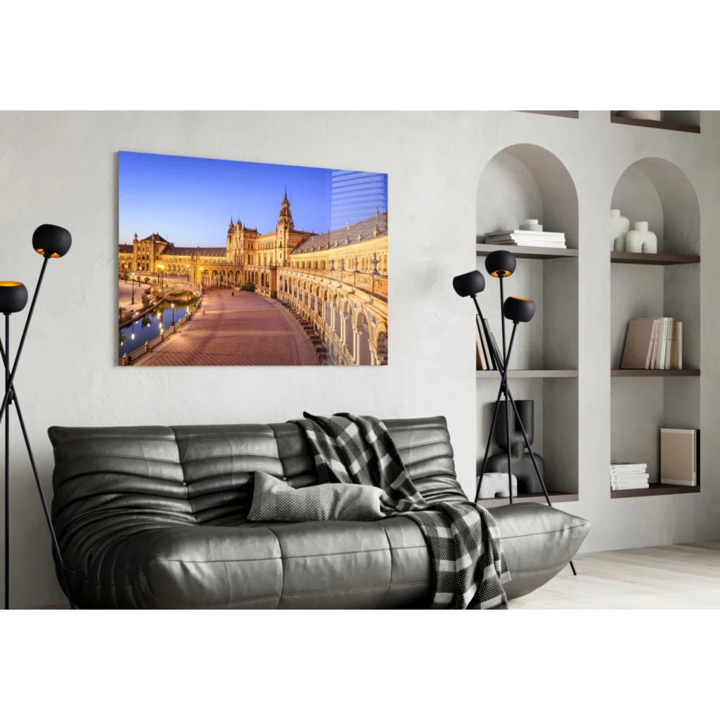 Stunning Plaza de España Seville glass wall art at twilight