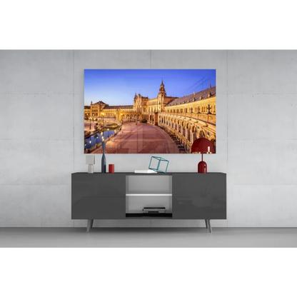 Stunning Plaza de España Seville glass wall art at twilight
