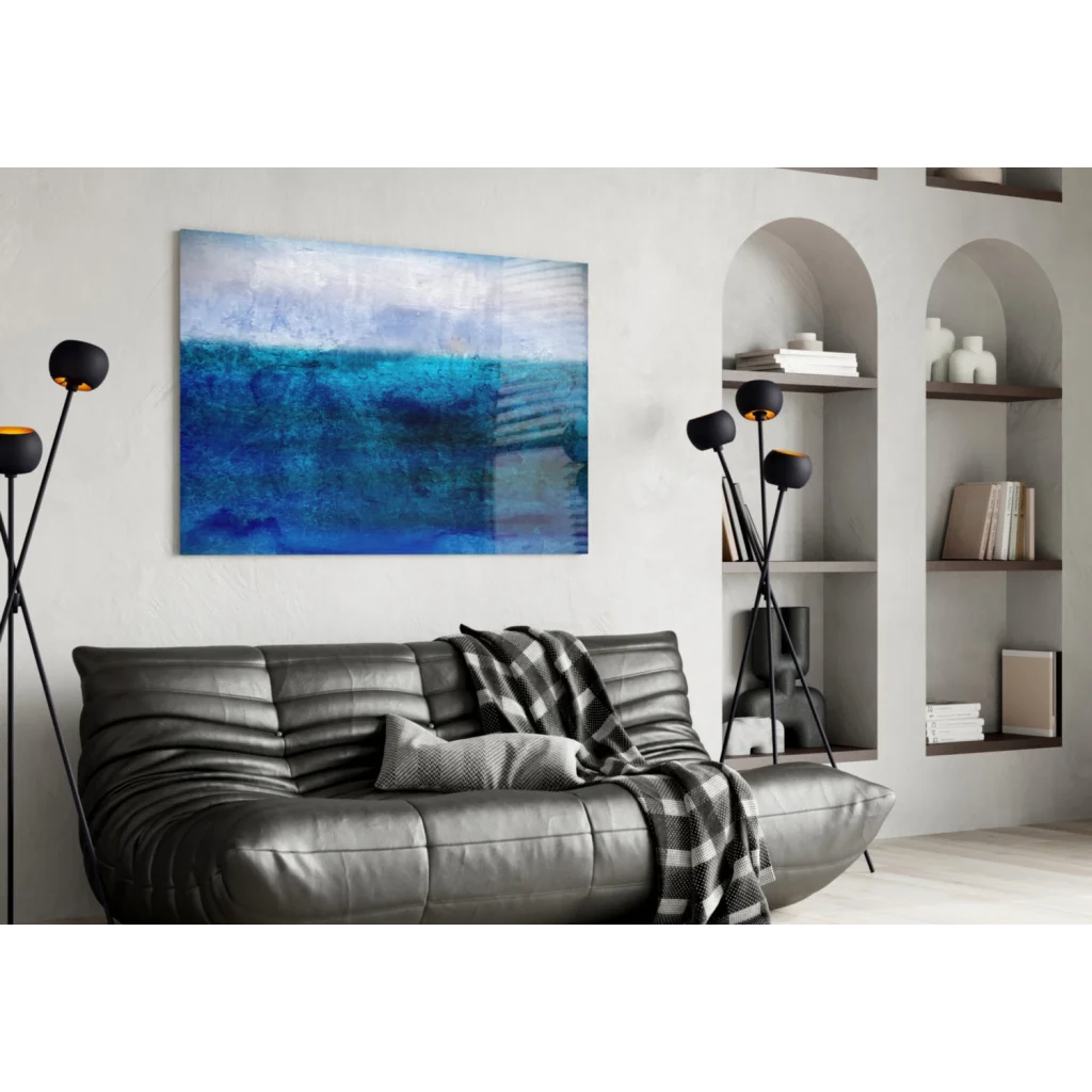 Deep blue ocean waves abstract canvas wall art on white wall