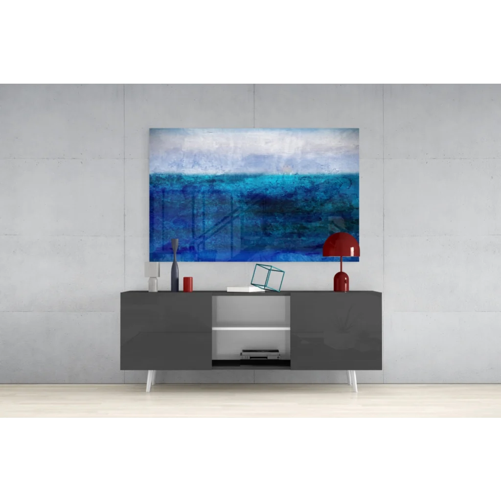 Abstract blue ocean waves wall art canvas above gray console