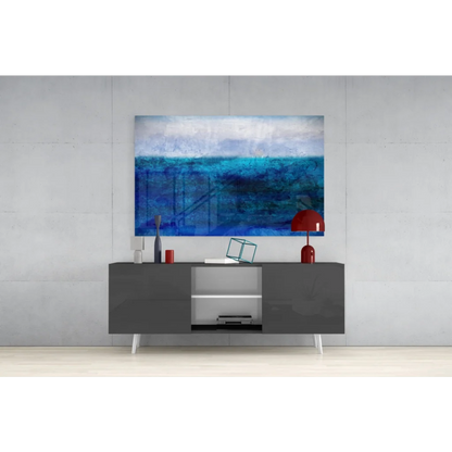 Abstract blue ocean waves wall art canvas above gray console
