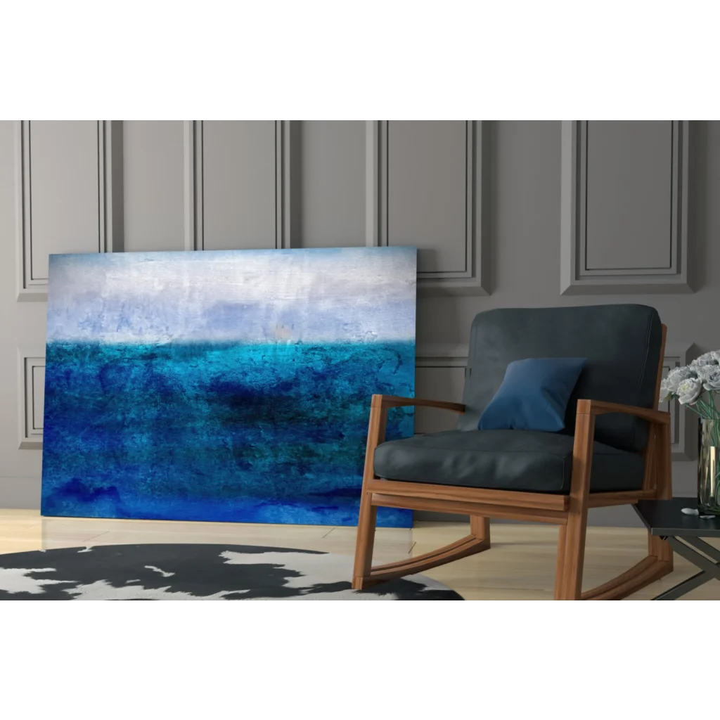 Blue and white ocean waves abstract canvas wall art with textured brushstrokes