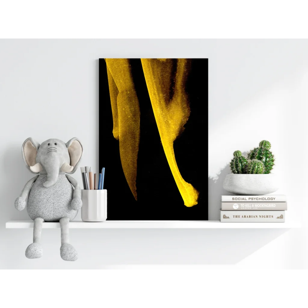 Bold golden-yellow abstract forms on black background, Golden Flow Insigne aluminum prints
