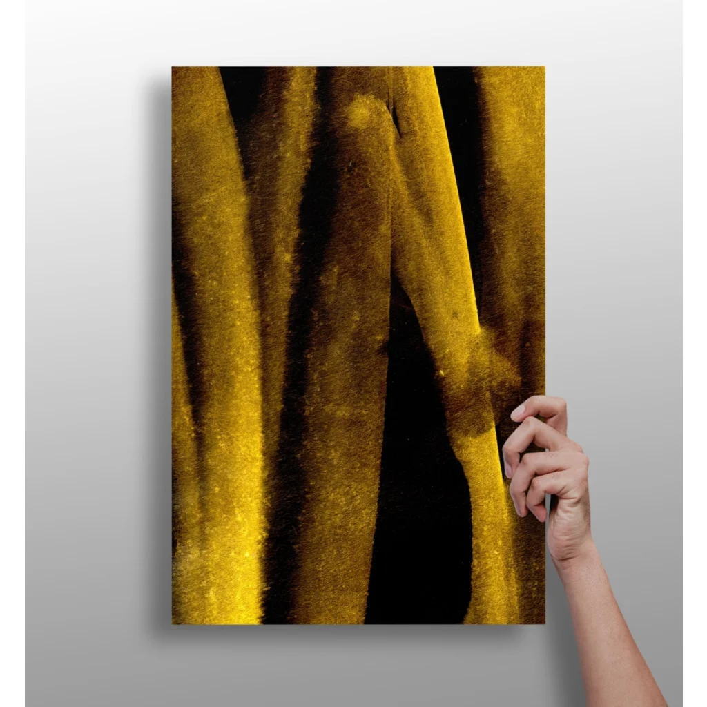 Golden-yellow velvet curtain with black stripes on insigne aluminum prints