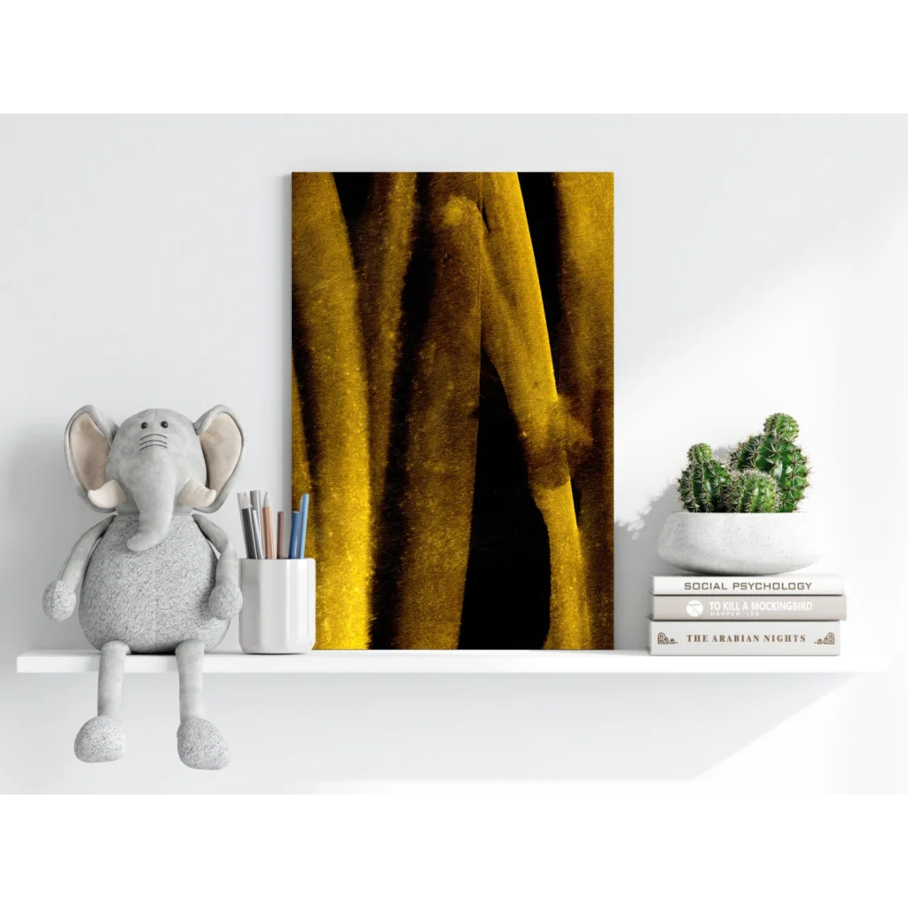 Golden textured canvas art of vertical tree trunks on Insigne aluminum prints