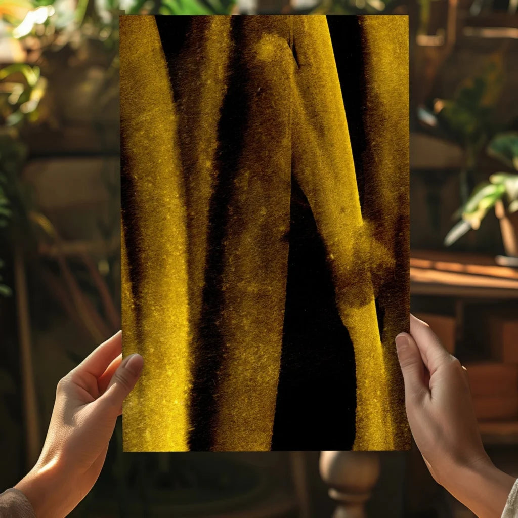 Golden velvet curtain with black stripes on insigne aluminum prints