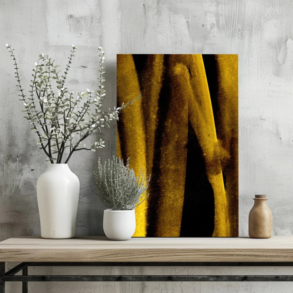 Vibrant gold and black abstract insigne aluminum prints with textured brushstrokes