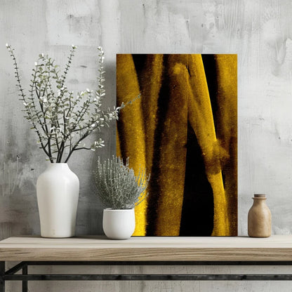 Vibrant gold and black abstract insigne aluminum prints with textured brushstrokes