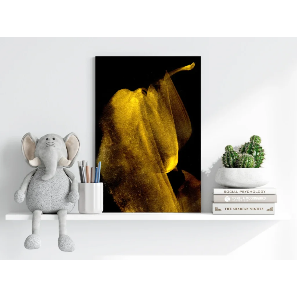 Vibrant golden banana peel art on Insigne Aluminum Prints black background