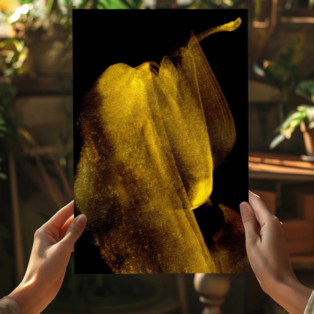 Hands holding golden-yellow translucent fabric art print of Stunning Yellow Calla Lily Insigne Aluminum Prints