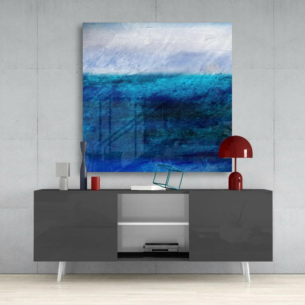 Modern textured ocean blue glass wall art in blue and white seascape