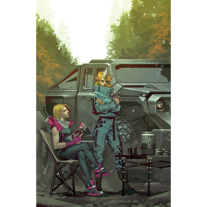 Two women with futuristic styles camping next to a rugged Shadow Clones vehicle in a comic scene