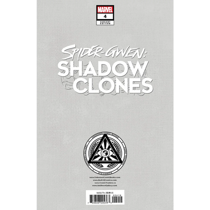 Comic book back cover of Shadow Clones Issue 4 Explosive Finale with Gwen’s Fate