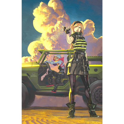 Two women in a jeep with a big explosion in the background from Shadow Clones Issue 4