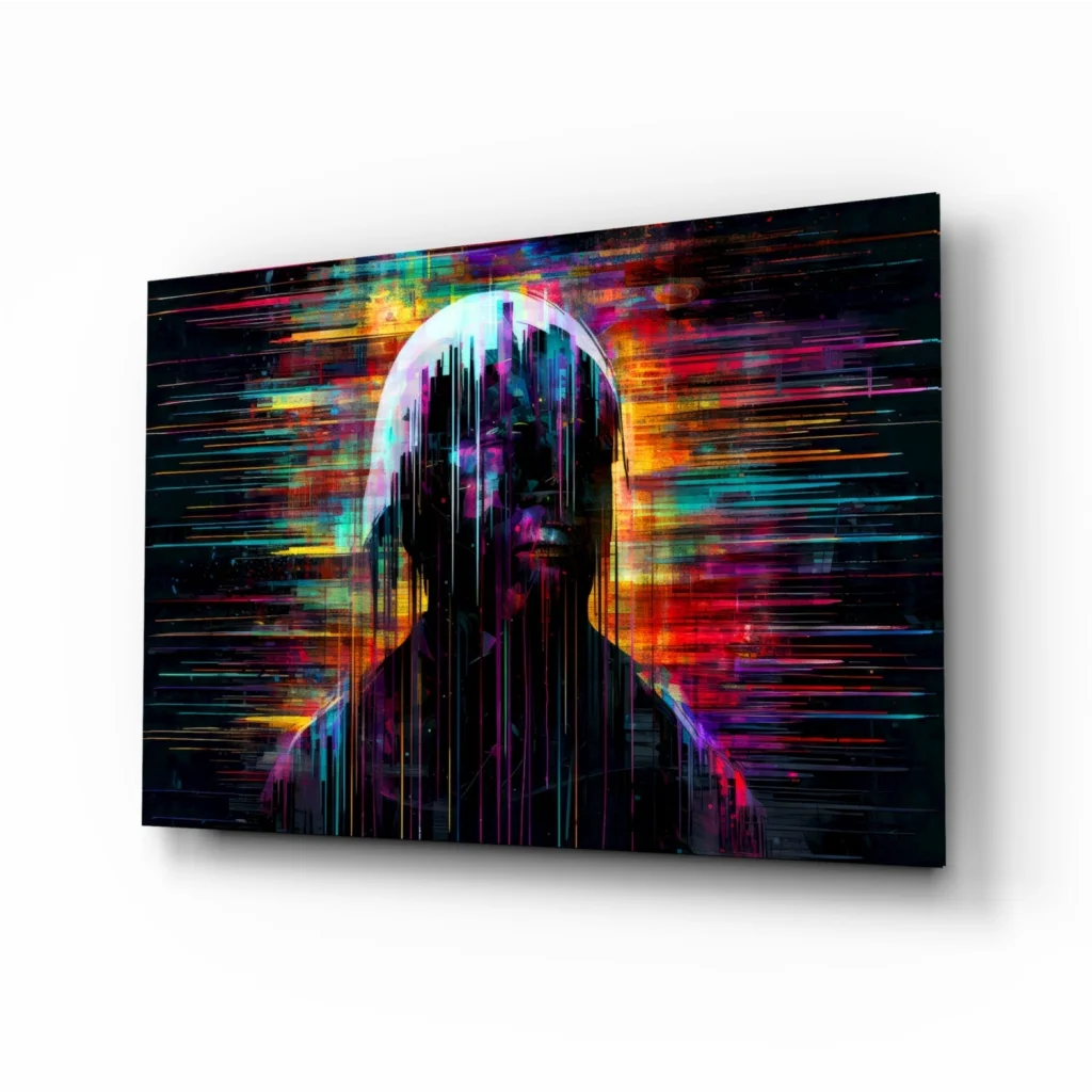 Vibrant neon glitch silhouette on glass wall art canvas