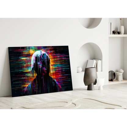 Vibrant neon glitch silhouette glass wall art canvas