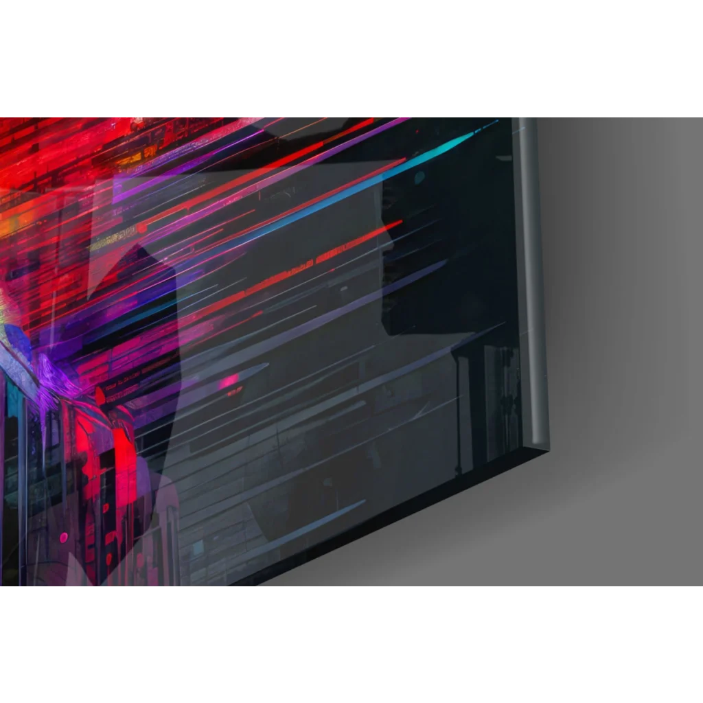 Sleek Neon Glitch Silhouette glass wall art with vibrant light streaks