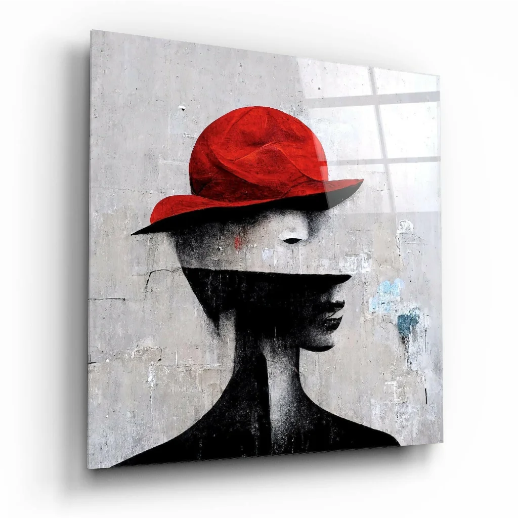 Bold red hat woman silhouette on glass wall art