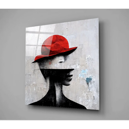 Bold red hat woman silhouette on black and white glass wall art canvas