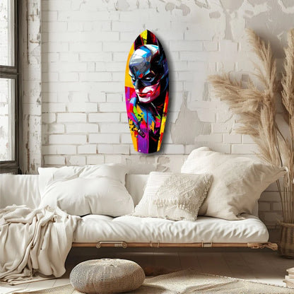 Vibrant abstract Batman portrait on tempered glass art surfboard canvas