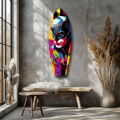 Vibrant Batman glass art on surfboard tempered glass wall piece