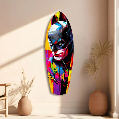 Vibrant pop-art Batman portrait on tempered glass art surfboard wall decor