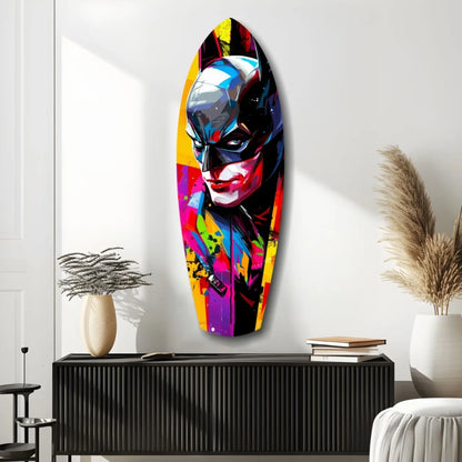 Vibrant Batman pop-art portrait on tempered glass surfboard wall art