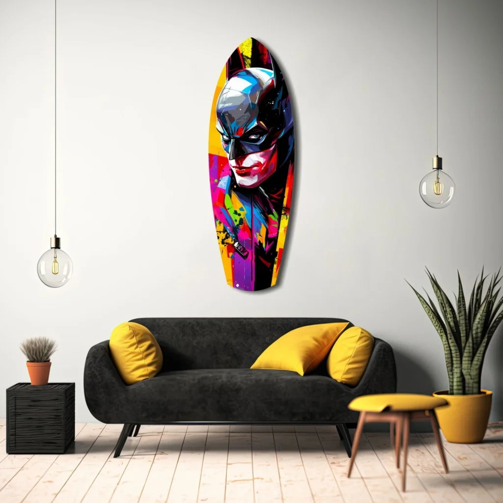 Vibrant abstract Batman tempered glass art mounted on wall