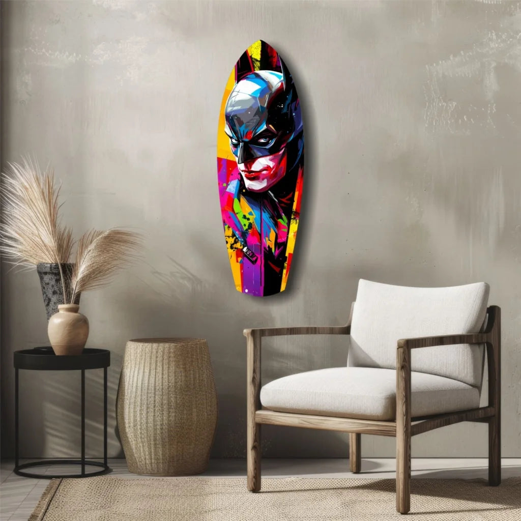 Vibrant pop-art Batman portrait on tempered glass art surfboard canvas