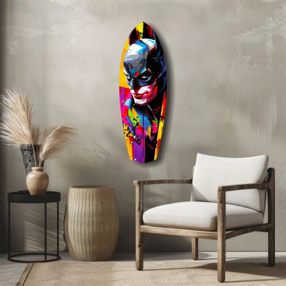 Vibrant pop-art Batman portrait on tempered glass art surfboard canvas