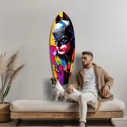 Vibrant pop-art Batman portrait on tempered glass art surfboard wall decor