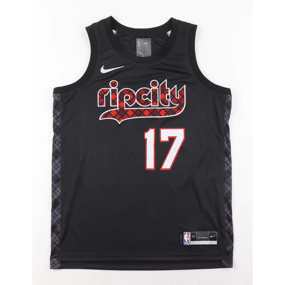 Black Shaedon Sharpe Trail Blazers jersey with ripcity in red plaid and 17 in white