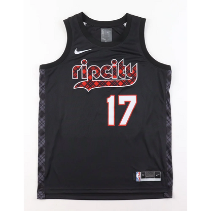 Black Shaedon Sharpe Trail Blazers jersey with ripcity in red plaid and 17 in white