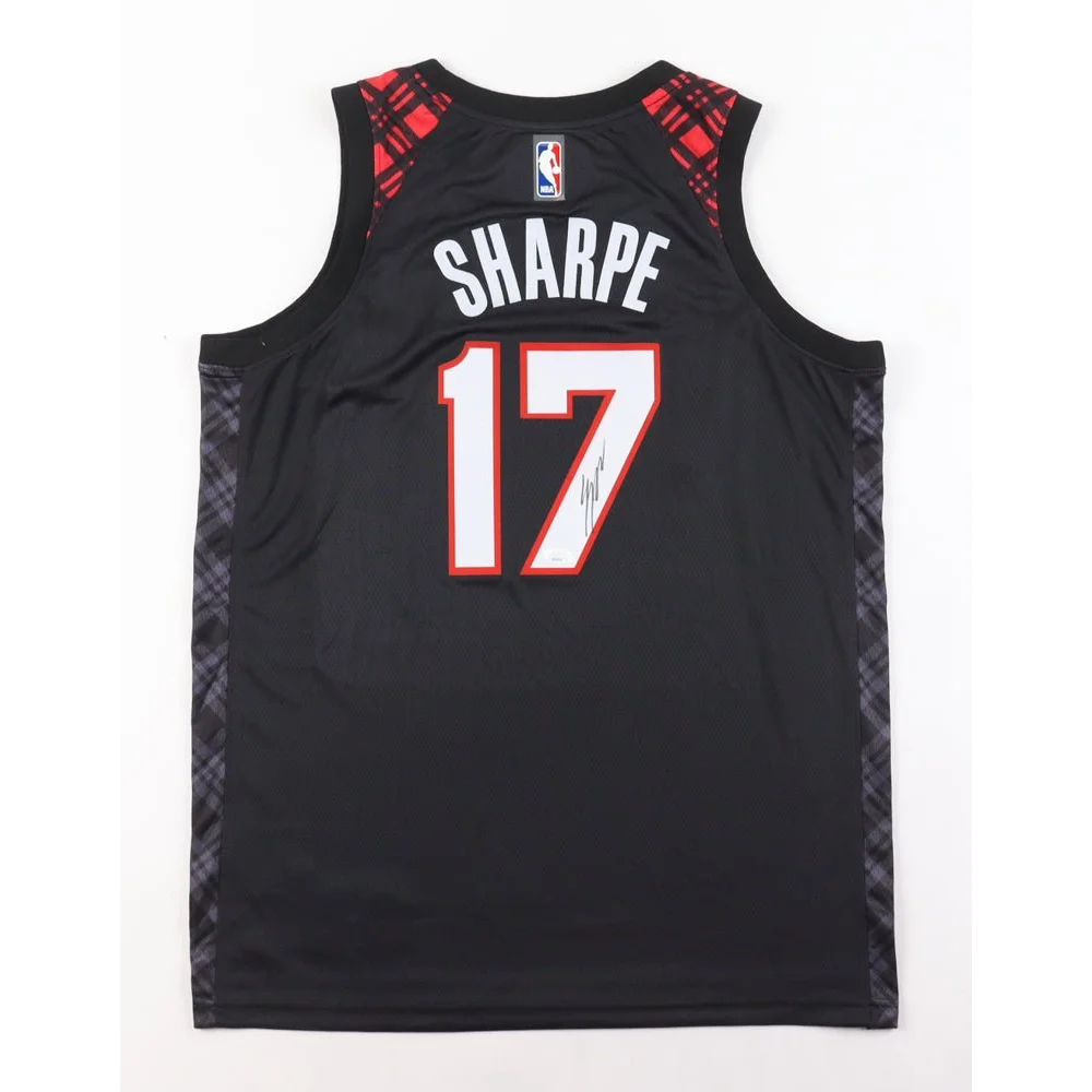 Black Trail Blazers Shaedon Sharpe signed jersey with red and black plaid accents