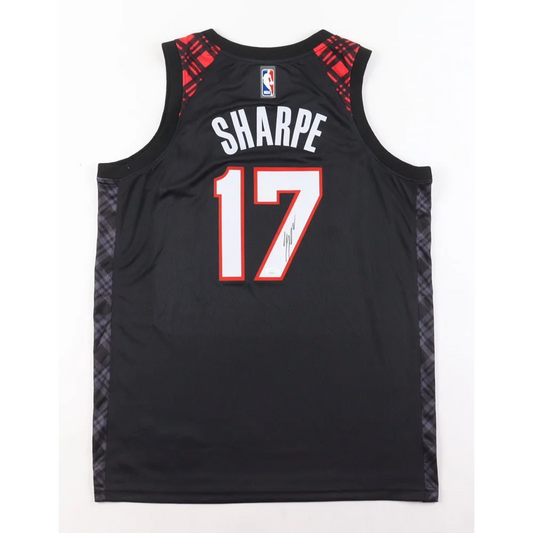 Black Trail Blazers Shaedon Sharpe signed jersey with red and black plaid accents