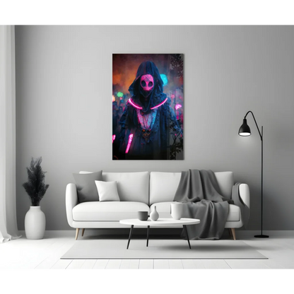 Vibrant neon pink skeleton glass wall art with hooded figure