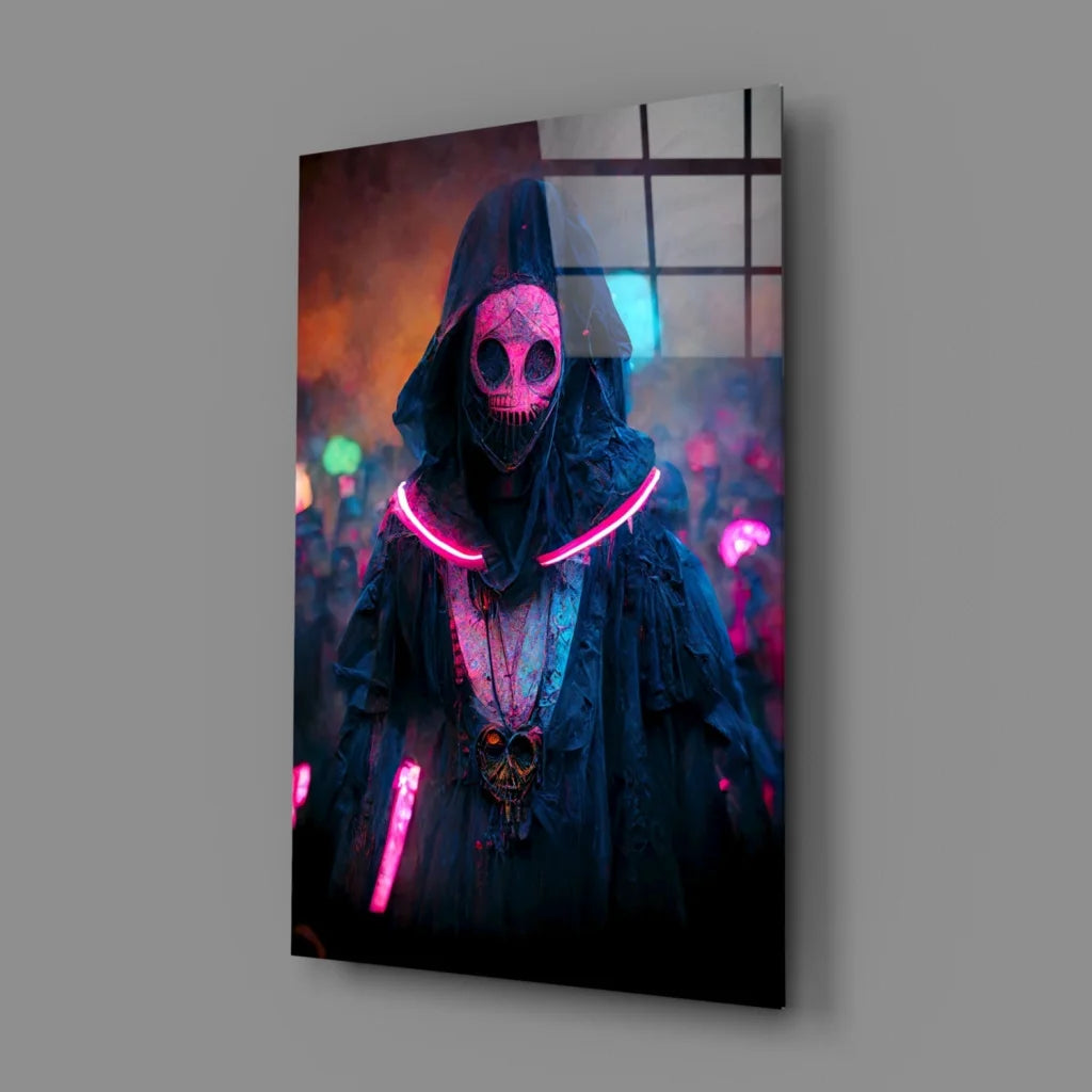 Neon pink glowing skeleton glass wall art canvas print with hooded cloak