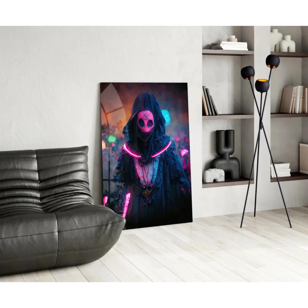 Neon pink skeleton hooded figure on glass wall art canvas print