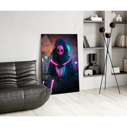 Neon pink skeleton hooded figure on glass wall art canvas print
