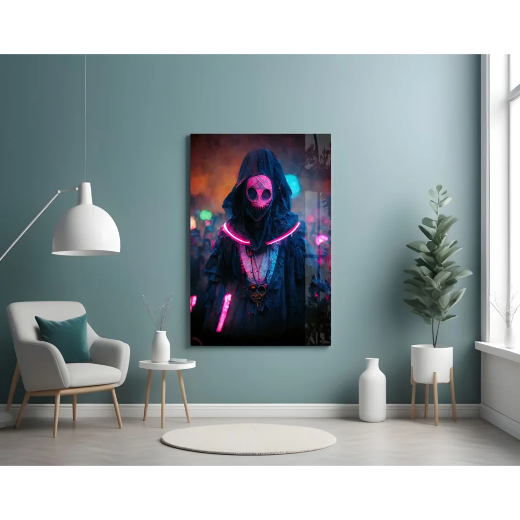 Vibrant neon pink skeleton glass wall art on teal wall