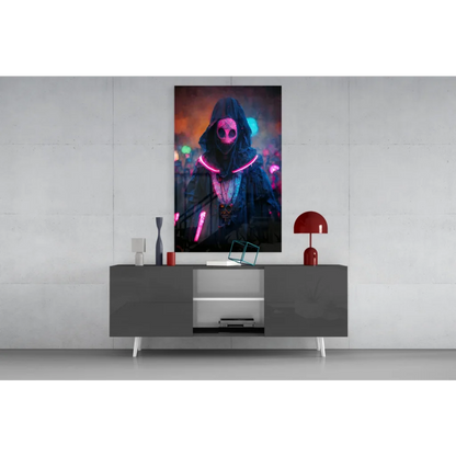 Neon pink skeleton hooded figure on glass wall art canvas print