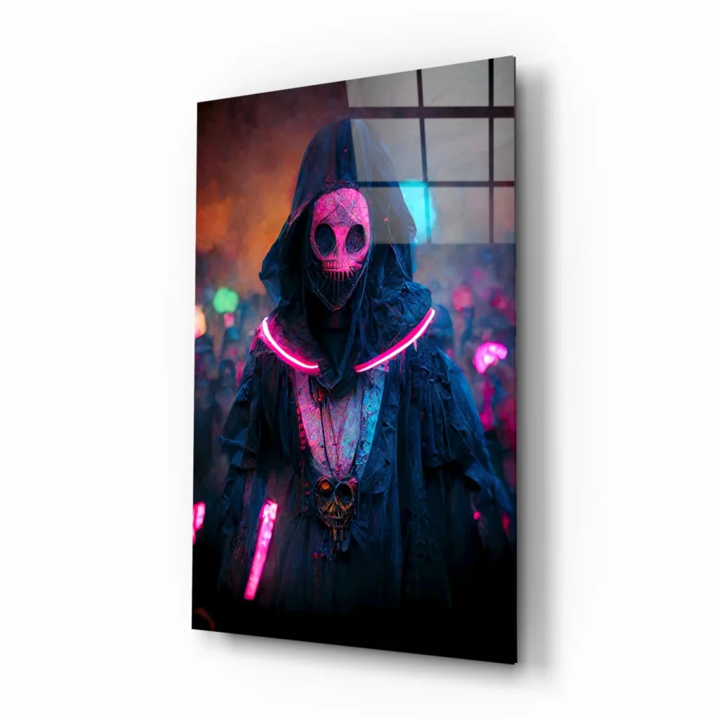 Neon pink skeleton glass wall art canvas print with hooded figure