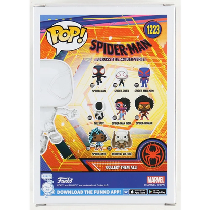 Back of a Funko Pop box for Spider-Man Across the Spider-Verse with Shameik Moore Signed figure