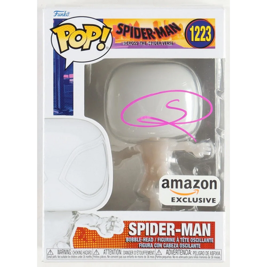 Shameik Moore Signed Funko Pop Spider Verse figure with pink signature, Amazon Exclusive bobble-head